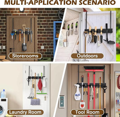 Mop and Broom Holder Over the Door, Wood Broom Hanger, Broom and Mop Organizer with 4 Slots and 7 Hooks, Drilling-Free Mop and Broom Holder for Garage, Laundry Room, Broom Hanger and Storage Tool