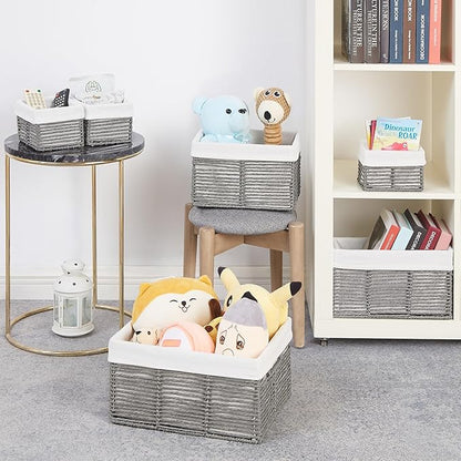 Vagusicc Wicker Storage Basket, 6 Pack Baskets for Organizing, Wicker Baskets with Handle, Rectangular Wicke Basket for Storage Shelves, Cube Storage Bins for Closet/Clothes/Dresser, Grey
