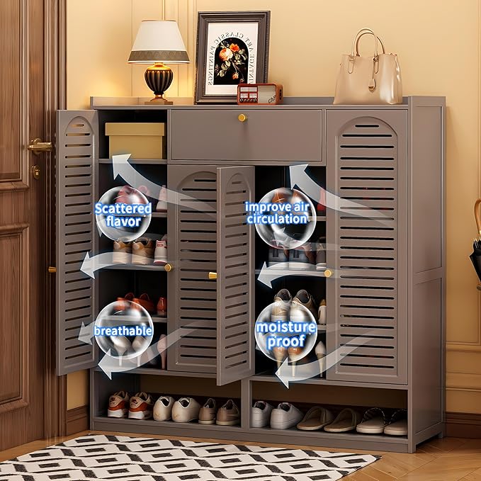 7-Tier Shoe Storage Cabinet with Shutter Doors, Large Capacity Shoe Cabinet With Drawers Sneakers Shoe Rack Shelf for Entryway, Freestanding Shoe Organizer with Thickened Adjustable Shelves for Closet