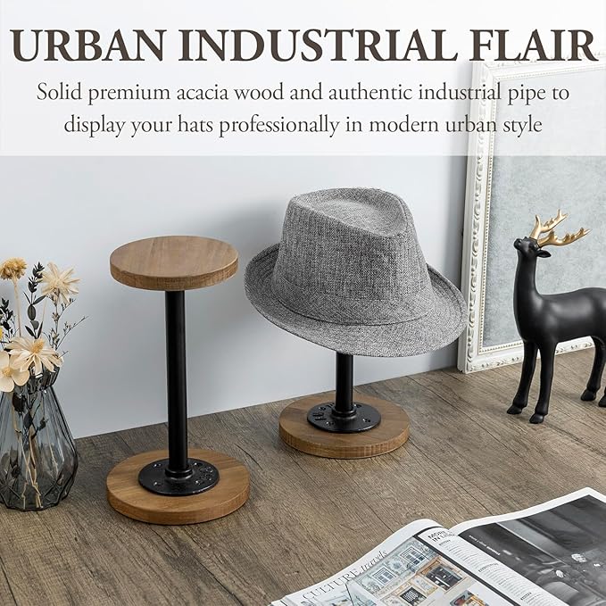 MyGift 2 Pcs Hat Holder Stand, Cowboy Hat Rack, Baseball Cap Organizer Storage with Industrial Metal Pipe, Wig or Jewelry Display Riser, Natural Acacia Wood
