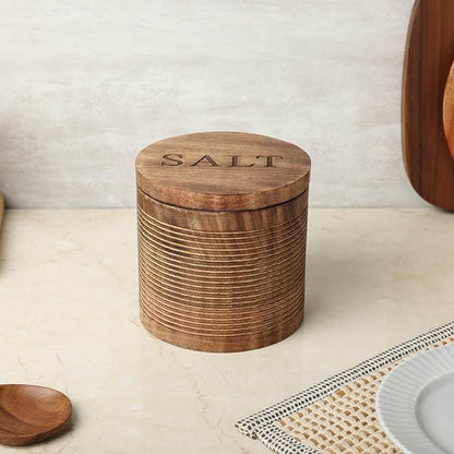 dudki Wooden Salt Box (5 inch x 5 inch) with Magnetic Lid With Wooden Spoon| 800 ML Round Container| Bowl Pot Jar | Textured Salt Box| Kitchen Home| Seasonings