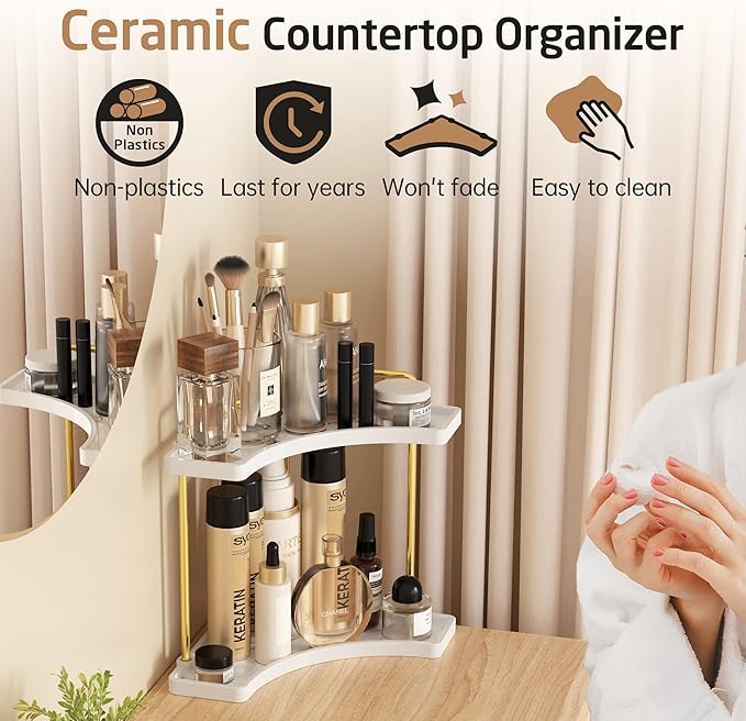 2-Tier Hancrafted Ceramic Bathroom Counter Organizer, KES Marble Pattern Corner Bathroom Countertop Organizer, Vanity Skincare and Makeup Storage Tray Shelf, Polished Gold, BSC900B-PG