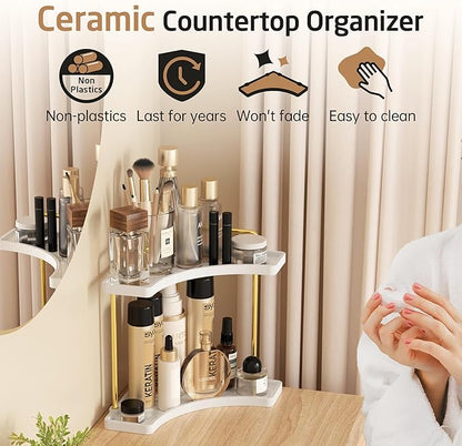 2-Tier Hancrafted Ceramic Bathroom Counter Organizer, KES Marble Pattern Corner Bathroom Countertop Organizer, Vanity Skincare and Makeup Storage Tray Shelf, Polished Gold, BSC900B-PG