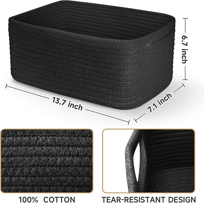3-Pack Storage Baskets for Organizing | Woven Shelf Toy Basket | Rope Baskets for Gifts Empty | Closet Organizer Bins with Handles | Cube Decorative Box | 13.7×7.1×6.7” | Mixed Black