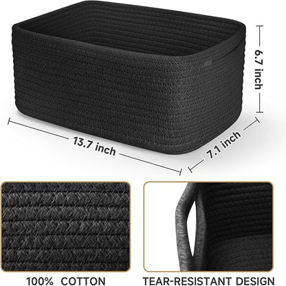 3-Pack Storage Baskets for Organizing | Woven Shelf Toy Basket | Rope Baskets for Gifts Empty | Closet Organizer Bins with Handles | Cube Decorative Box | 13.7×7.1×6.7” | Mixed Black
