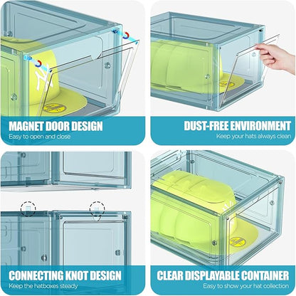 SCAVATA Hat Organizer Box, Stackable Clear Baseball Caps Holder Box Containers with Magnetic Door for Hats Snapback Cap Storag, Hat Rack Display Case, Holds 8 Hats Each (Blue, 2 Pack)