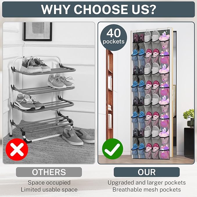 2PCS 40-Pocket Over the Door Shoe Organizer, Hanging Shoe Rack for Closet Door,Shoes Storage Holder Hanger with Large Mesh Pocket for Women Men Shoes,Flip Flops (Gray2)