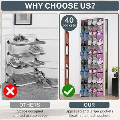 2PCS 40-Pocket Over the Door Shoe Organizer, Hanging Shoe Rack for Closet Door,Shoes Storage Holder Hanger with Large Mesh Pocket for Women Men Shoes,Flip Flops (Gray2)