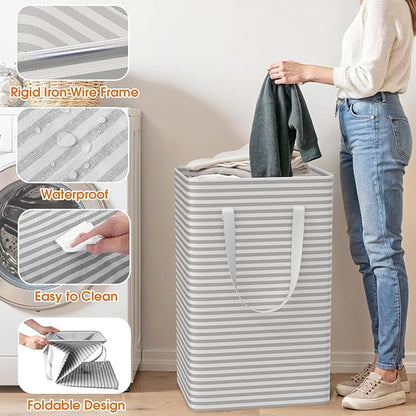 3 Pack Large Laundry Basket,Waterproof & Freestanding Laundry Hamper,Collapsible Clothes Hampers with Easy Carry Long & Reinforced Handles in Bathroom,College Dorm(88Lx3,Gray)