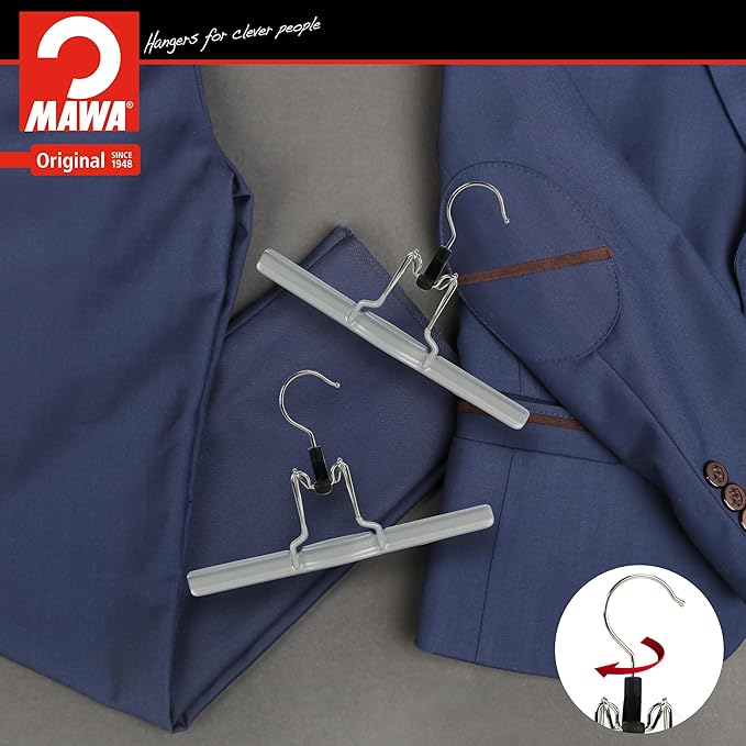 Mawa by Reston Lloyd Non-Slip Space Saving Clothes Hanger with Clamp for Pants and Skirts, Style M/26, Set of 2, Silver