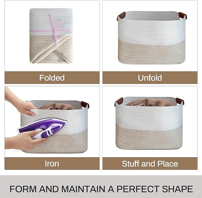 Large Cotton Rope Storage Basket with Leather Handles, Laundry Hamper Basket, 20 "L x 14" W x 12 "H, Durable & Stylish Organizer for Home.(Large Light Khaki)