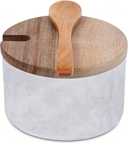 A salt cellar with a wooden lid and spoon,Elegant Kitchen Salt Container for Storage Pepper Spice Bath Salt Sea Salt