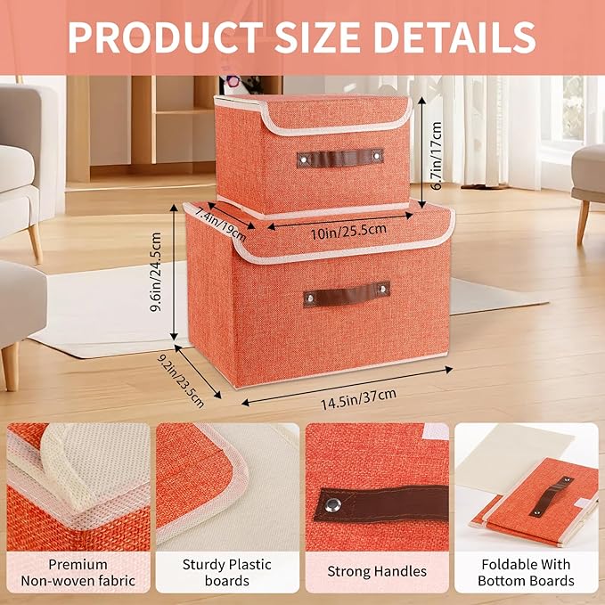 Small Storage Bin with Lid Storage Boxes,Collapsible Linen Storage Basket Container with Lid Storage Cube for Organizing Closets(Orange)
