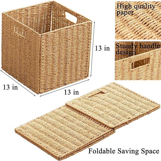 Foldable Storage Baskets with Handles Paper Rope Storage Baskets Rectangle Collapsible Hand Woven Storage Cubes Bins for Organizing Shelves Living Room Bedroom Pantry (4, 13'' x 13'' x 13'')
