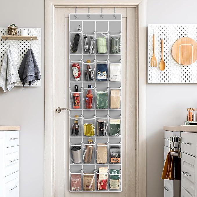 Simple Houseware 24 Pockets - Crystal Clear Over The Door Hanging Shoe Organizer, Gray (64'' x 19'')