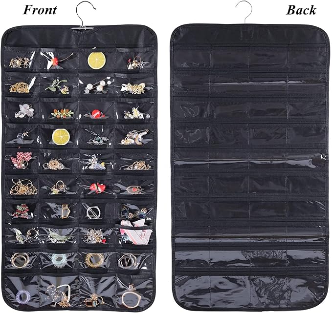 Bloss Hanging Jewelry Organizer, 2 Sided 80 Pocket Jewelry Chain Storage Bag 2 Layer of Fabric Jewelry Organizer for Necklace Bracelet Earring Ring Chain, Earring Holder - Black
