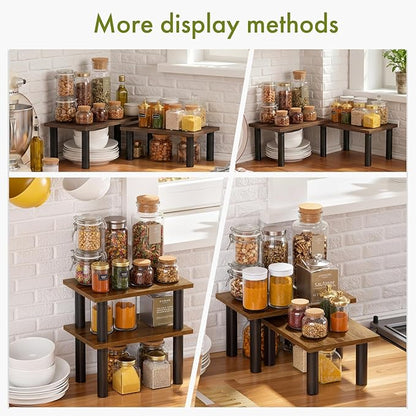 Cabinet Organizer Shelf, 2 Tier Countertop Spice Rack for Kitchen Counter, Seasoning Organizer with Wood-Grain Shelves, Kitchen Countertop Organizer for Spices, Sauces and Small Items (2 Pcs, Brown)