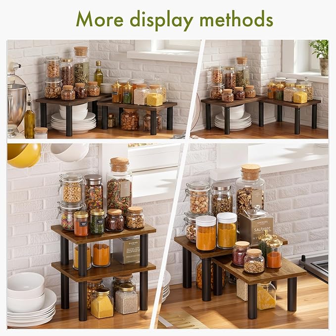 Cabinet Organizer Shelf, 2 Tier Countertop Spice Rack for Kitchen Counter, Seasoning Organizer with Wood-Grain Shelves, Kitchen Countertop Organizer for Spices, Sauces and Small Items (4 Pcs, Brown)
