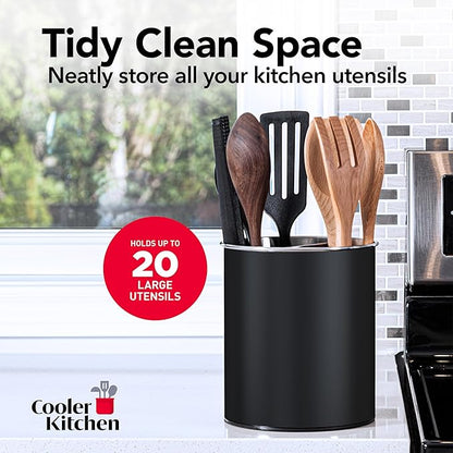 Cooler Kitchen Black Rotating Extra Large Stainless Steel Utensil Holder Caddy with Sturdy No-Tip Weighted Base, Removable Divider, and Gripped Insert - Dishwasher Safe Metal Cooking Utensil Holder