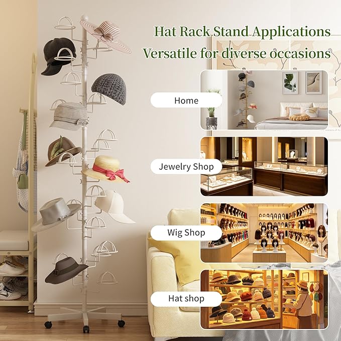 Freestanding Hats Rack Stand with 25 Customizable Circular Hooks Metal Hat Rack Hats Tree Organizer Rack Display Standing Floor Hat Stand for Home Store Commercial, White