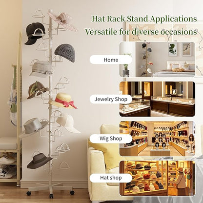 Freestanding Hats Rack Stand with 25 Customizable Circular Hooks Metal Hat Rack Hats Tree Organizer Rack Display Standing Floor Hat Stand for Home Store Commercial, White