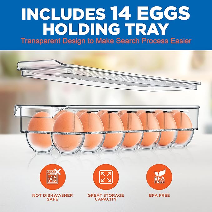 NutriChef Refrigerator Set Organizer Bins - Stackable Clear Plastic Bin with Handles, Egg Tray - For Fridge, Freezer, Kitchen, Cabinet, Countertops, Pantry - BPA Free Food Storage Rack