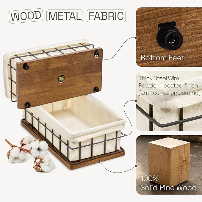 BAOBAB WORKSHOP Wooden Bathroom Basket Organizer & Storage, Toilet Paper Basket for Back of Toilet Tank Topper Tray, Paper Holder Basket for Bathroom Decor Box with Liners, Solid Wood & Wire, Set of 2