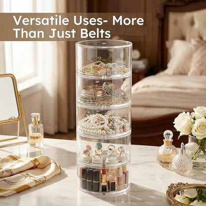 FEMELI Belt Organizer, Acrylic Belt Storage Holder for Closet & Drawer, 4-Layers Stackable Display Case for Belts, Watches, Jewelry and Ties