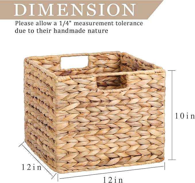 12X12X10in Water Hyacinth Storage Baskets, Wicker Storage Cubes Set of 3, Kitchen Baskets for Pantry Organization, Foldable Square Baskets for Shelves