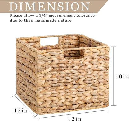 12X12X10in Water Hyacinth Storage Baskets, Wicker Storage Cubes Set of 3, Kitchen Baskets for Pantry Organization, Foldable Square Baskets for Shelves