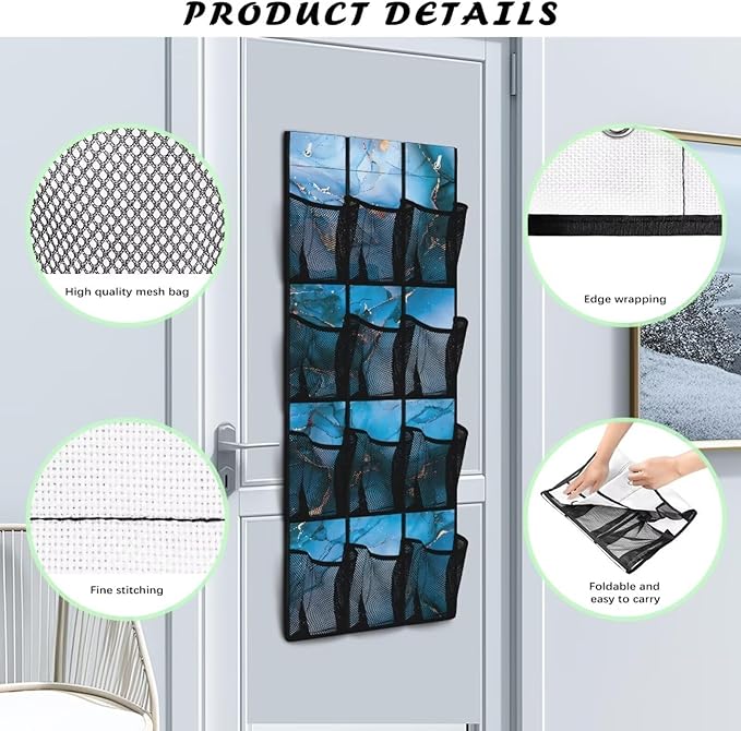 12 Large Mesh Pockets Blue Marble Print Over the Door Shoe Organizer Sturdy Oxford Fabric Hanging Shoe Rack for Closet Organizers and Storage