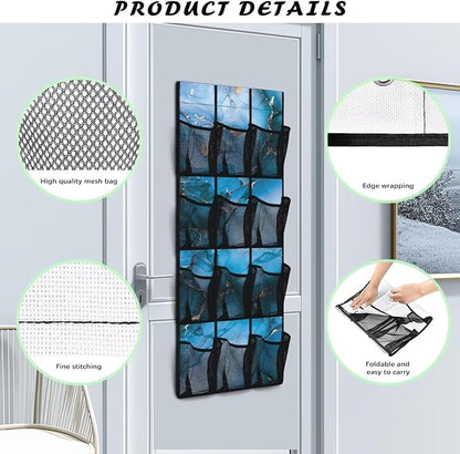 12 Large Mesh Pockets Blue Marble Print Over the Door Shoe Organizer Sturdy Oxford Fabric Hanging Shoe Rack for Closet Organizers and Storage