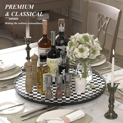 21" Black and White Kitchen Lazy Susan Turntable, Round Checkered Decorative Tray, Large Lazy Susan for Dining Table Centerpiece, Pantry, Kitchen, Bathroom, Countertop, Cupboard, Home Decor