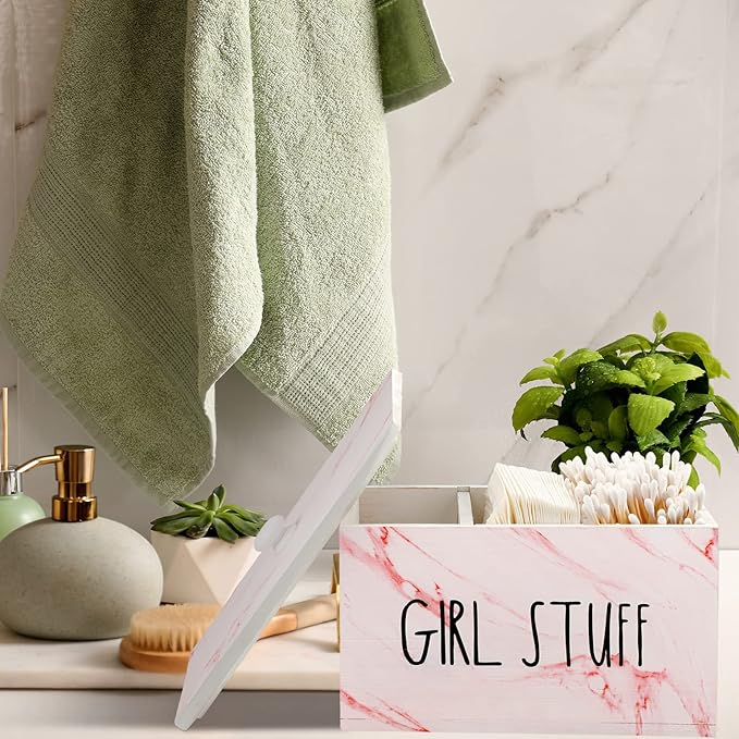Tampon Holder for Bathroom with Movable Dividers Shark Tampon Storage Container Week with Lid Farmhouse Pad Container Box Feminine Product Organizer Girl Stuff Box for Bathroom(Pink Marble)