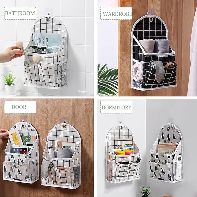 FuninCrea Wall Hanging Storage Bag, Black and White Checkered Linen Organizer Wall Mounted Punch-Free Over The Door Storage Pouch with 6 Storage Pockets and 1 Hanging Hook (Green)