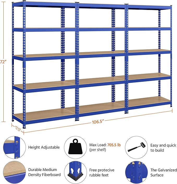 Topeakmart 3PCS 5-Tier Utility Shelves, Metal Storage Shelves Garage Shelving Unit Adjustable Garage Storage Shelves Storage Racks Heavy Duty Shed Shelving- Blue, 35.5 x 17.5 x 72 Inch