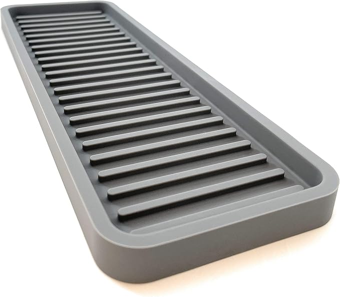 Silicone Sink and Surface Organizer Tray, Sponge Holder, Vanity Tray, Heat Safe, Dishwasher Safe, for Bathroom and Kitchen Organization (Grey, 12"x4")