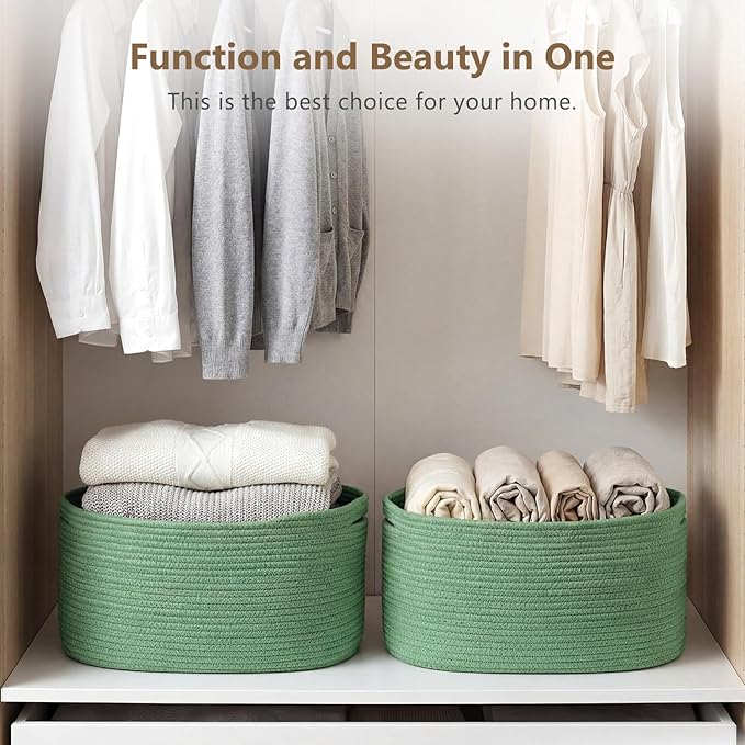 ECDYQXVU Cotton Rope Storage Basket, 15x10x9 Inches, Woven Basket for Shelves, Clothes, Towels, Books, and Laundry, Green (1 Pack)