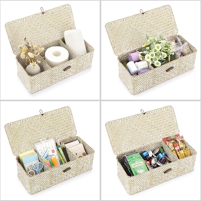 Hipiwe Seagrass Storage Basket Bin 3 Sections Hand-Woven Wicker Baskets with Lid Bathroom Basket Toilet Tank Baskets Holder for Organize Snack Tissue, Whitewash
