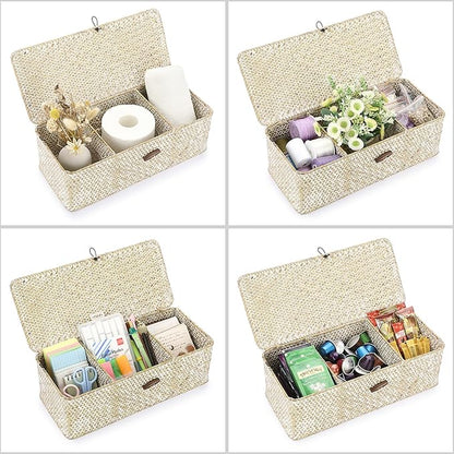 Hipiwe Seagrass Storage Basket Bin 3 Sections Hand-Woven Wicker Baskets with Lid Bathroom Basket Toilet Tank Baskets Holder for Organize Snack Tissue, Whitewash