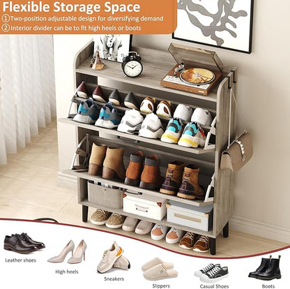 HOMEFORT Shoe Storage Cabinet for Entryway, 30" Freestanding Organizer with Two Flip Drawers, Narrow Hidden Shoe Rack with Wood Legs, Farmhouse Shoe Cabinet for Front Door Entrance,Washed Gray