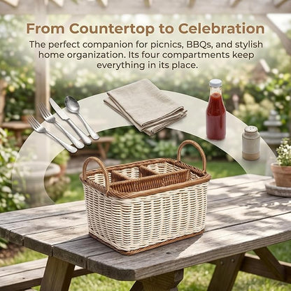 Cabilock Silverware Caddy Woven Basket Cutlery Holder, Napkin and Utensil Picnic Basket Silverware Organizer Utensil Holder for Kitchen Countertop with Handle
