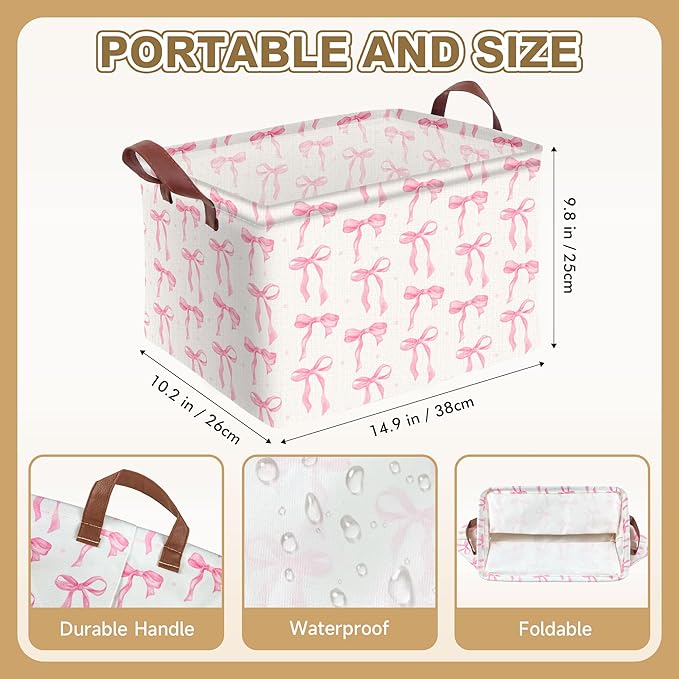 Pink Bow Storage Basket Waterproof Canvas Toy Storage Bin Coquette Room Decor Collapsible Outdoor Basket with Leather Handles Pink Bow Room Decor Blanket Baskets For Closets,Bedrooms,Gifts Baskets