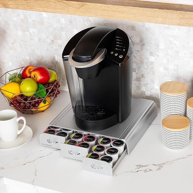 Mind Reader Single Serve Coffee Pod Organizer with 3 Drawers, 36 Pod Capacity, Countertop, 13.5"L x 12.25"W x 2.5"H, Silver