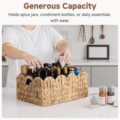 StorageWorks Scalloped Water Hyacinth Baskets, Hand-woven Rattan Baskets with Built-in Handles, Cute Baby Basket for Nursery, Basket for Organizing and Decor, 15"L x 11"W x 6¾"H