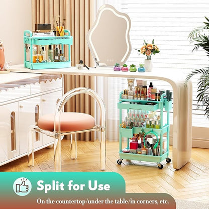 SUNALLY Makeup Cart Organizer with Drawers, Floor Skincare Organizers Vanity Storage Organizer, Rolling Makeup Bathroom Storage Cart Cosmetics Display Cases for Skin Care Perfume Nail Polish, Blue