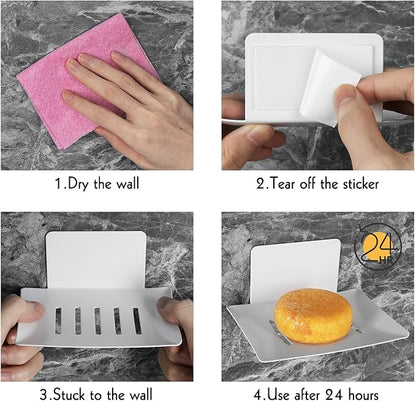 Soap Dishes for Bathroom, Bar Soap Holder with Self Draining Tray, Soap Tray for Shower Wall, 5 Slot Self-Adhesive Soap Container (White)