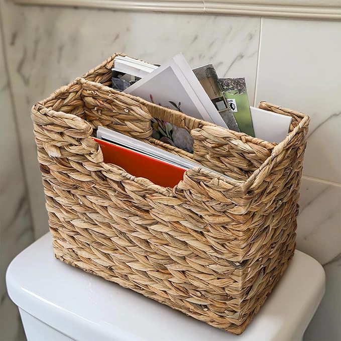 Yesland Hand-Woven Magazine Basket, Natural Narrow Water Hyacinth Holder Magazine Wicker Basket Organizer for Files, Decorative Divided Magazine Storage Basket Bin with Handle for Home, Office, Desk