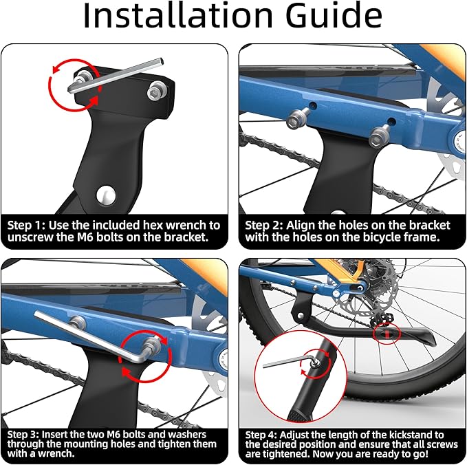 Heavy Duty Bike Kickstand, Aluminum Alloy Strong Rear Mount Bicycle Kick Stand for 24-29 inch Electric & Mountain Adult Bike, EBike Kick Stand for 40MM Hole Distance