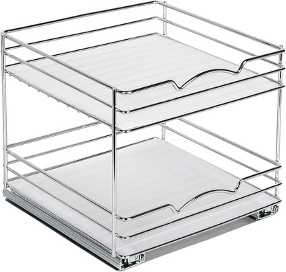 2 Tier Pull-Out Cabinet Spice Rack Organizer - Slim Slide-Out Storage for Spices, Bottles & Jars, Premium Heavy-Duty Steel, Easy Install for Narrow Kitchen Cabinets -10-1/2"Wx10-3/8"Dx8-7/8" H, Chrome